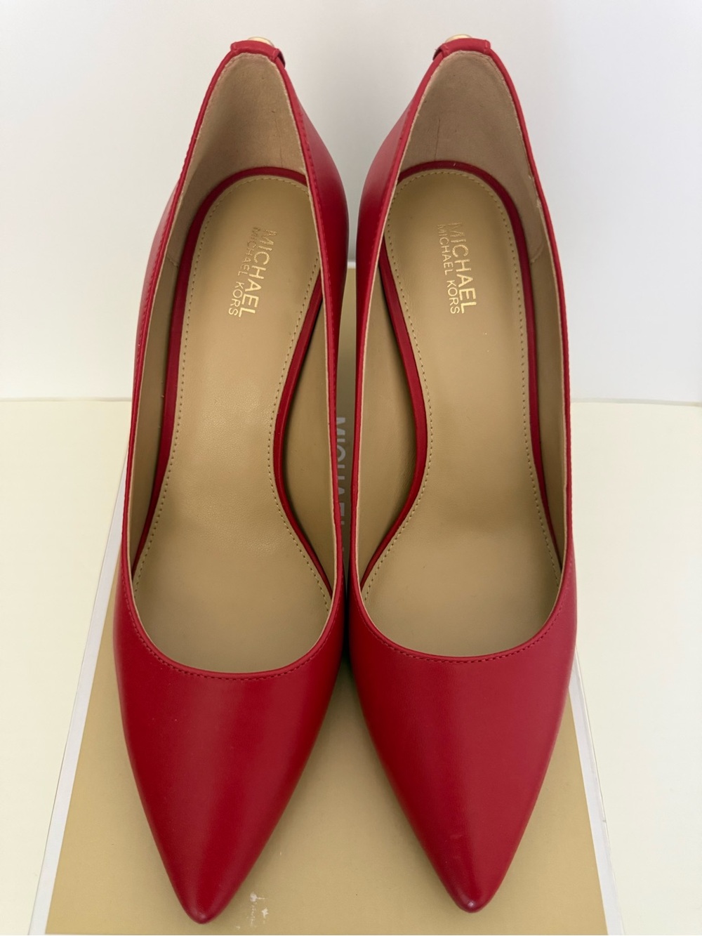 Michael Kors Red Leather Pointed Toe Block Heel Pumps - Picture 3 of 5